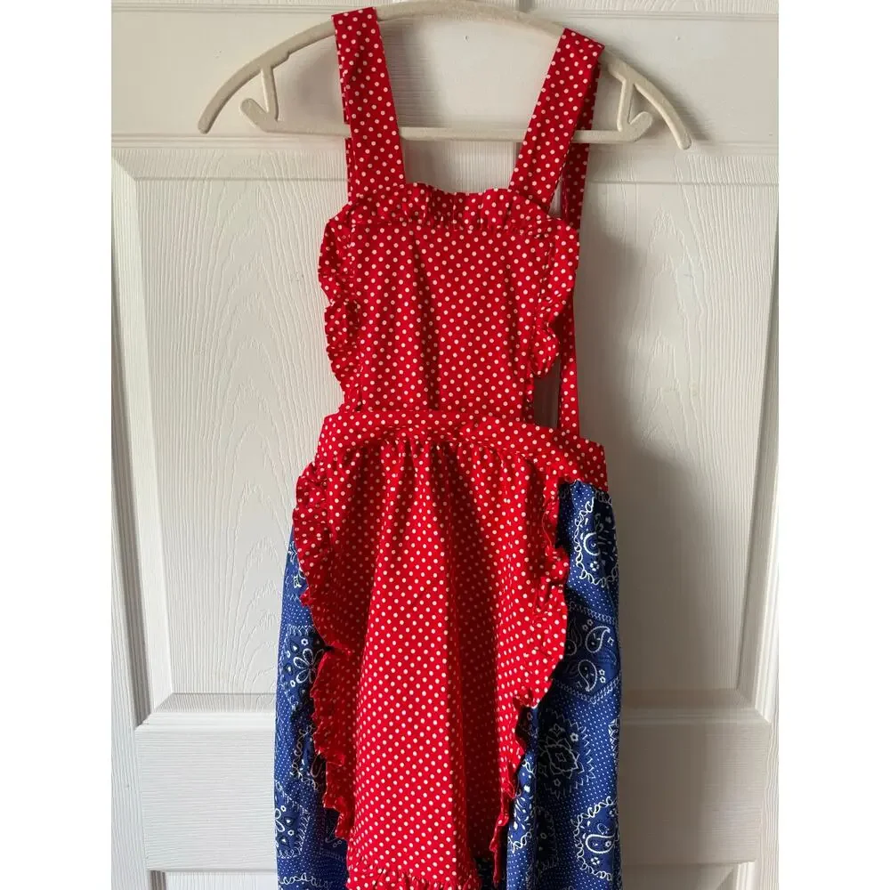 Vintage Red White Blue Bandana Print Maxi Apron Polka Dot Ruffle Cottagecore